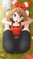 Rule 34 | 1girl, barefoot, bike shorts, blurry, bow hairband, breasts, brown hair, cameltoe, cleft of venus, collarbone, commentary, creatures (company), day, eyelashes, folded, game freak, gen 3 pokemon, grass, greatm8, grey eyes, hairband, highres, looking at viewer, lying, may (pokemon), medium hair, mudkip, nintendo, on back, open mouth, orange hairband, orange shirt, outdoors, pokemon, pokemon (creature), pokemon oras, shirt, sleeveless, sleeveless shirt, source filmmaker (medium), teeth, toes, upper teeth only
