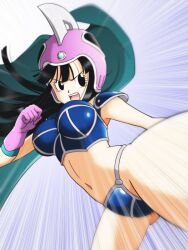 Rule 34 | 1girl, aiueo8371, armor, bikini, bikini armor, black eyes, black hair, blue bikini, breasts, cape, chi-chi (dragon ball), clenched hand, dragon ball, dragon ball (classic), emphasis lines, gloves, gluteal fold, green cape, helmet, kicking, large breasts, leg up, legs apart, long hair, looking at viewer, navel, open mouth, pink gloves, pink headwear, solo, standing, standing on one leg, swimsuit, thighs
