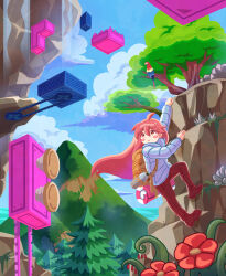 1girl ahoge bird blue_jacket brown_eyes celeste_(video_game) climbing coat fuwamoko_momen_toufu highres jacket long_hair long_sleeves madeline_(celeste) orange_hair parrot shirt solo tree very_long_hair water waterfall winter_clothes winter_coat zipper