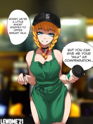 Rule 34 | 1girl, absurdres, apron, bare shoulders, blonde hair, blue eyes, braid, breasts, drink, english text, green apron, grin, highres, holding, holding marker, hyrule warriors, iced latte with breast milk (meme), indoors, lewdme 2120, linkle, looking at viewer, marker, medium breasts, meme, naked apron, nintendo, pointy ears, smile, solo, speech bubble, starbucks, the legend of zelda, watermark, wide hips