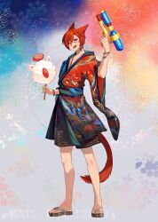 Rule 34 | 1boy, animal ears, bracelet, cat boy, cat ears, cat tail, facial mark, final fantasy, final fantasy xiv, full body, g&#039;raha tia, hair between eyes, hair ornament, highres, holding, holding water gun, japanese clothes, jewelry, kimono, male focus, miqo&#039;te, moogle, neck tattoo, necklace, one eye closed, open mouth, red eyes, red hair, red kimono, redricewine, sandals, short hair, short kimono, smile, solo, standing, tail, tattoo, water gun, watermark, wide sleeves, x hair ornament, zouri