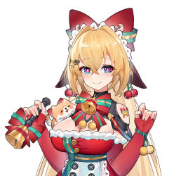 Rule 34 | + +, 1girl, bare shoulders, bell, blonde hair, blue eyes, blush, bow, breasts, buttons, cherry, christmas, cleavage, closed mouth, cropped, dog, double-breasted, dress, elbow gloves, fingerless gloves, food, fruit, fur trim, gloves, hair between eyes, hair bow, hair intakes, hair ornament, hairclip, hands up, highres, large breasts, long hair, looking at viewer, original, ponytail, red dress, red gloves, sash, simple background, skin tight, smile, star (symbol), star hair ornament, strapless, strapless dress, sunligh mao, tattoo, tsurime, turtleneck, underbust, upper body, very long hair, white background