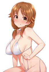 Rule 34 | 1girl, bikini, blush, breasts, brown eyes, brown hair, cleavage, closed mouth, commentary request, idolmaster, idolmaster cinderella girls, katagiri sanae, large breasts, long hair, looking at viewer, low twintails, navel, parted bangs, pull, short twintails, simple background, solo, strap pull, swimsuit, tomajiyama, tongue, tongue out, twintails, untied bikini, white background, white bikini