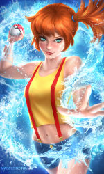 Rule 34 | 1girl, aqua eyes, arm up, artist name, blue shorts, breasts, closed mouth, commentary, creatures (company), deviantart username, eyelashes, freckles, game freak, highres, holding, holding poke ball, lips, looking at viewer, madeleine bellwoar, medium breasts, misty (pokemon), navel, nintendo, aged up, orange hair, outstretched arm, poke ball, pokemon, pokemon (anime), pokemon (classic anime), shirt, short hair, shorts, side ponytail, solo, standing, stomach, suspender shorts, suspenders, tank top, water, watermark, web address, yellow shirt