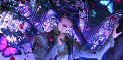 Rule 34 | 1boy, black hair, blackbox (blackbox9158), blue butterfly, blurry, blurry foreground, branch, bug, butterfly, ensemble stars!, finger to mouth, hair between eyes, insect, korean commentary, leaf, long sleeves, looking at viewer, male focus, open mouth, petals, purple butterfly, red eyes, sakuma ritsu, short hair, solo, teeth, tongue, upper body, upper teeth only