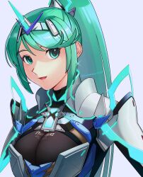 Rule 34 | 1girl, :d, aqua eyes, aqua hair, armor, asagi (banzoku210), breasts, circlet, cleavage, core crystal (xenoblade), grey background, highres, large breasts, long hair, open mouth, pneuma (xenoblade), simple background, smile, solo, swept bangs, upper body, very long hair, xenoblade chronicles (series), xenoblade chronicles 2