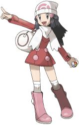 Rule 34 | 00s, 1girl, alternate costume, bag, boots, coat, creatures (company), dawn (pokemon), full body, game freak, hat, highres, holding, holding poke ball, knee boots, long sleeves, nintendo, official art, open mouth, over-kneehighs, pink footwear, pointing, poke ball, pokemon, pokemon dppt, poketch, repeat ball, solo, standing, sugimori ken, thighhighs, transparent background, watch, winter clothes, winter coat, wristwatch