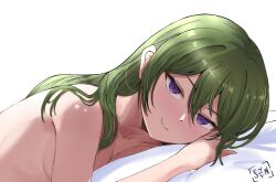 Rule 34 | 1girl, breasts, closed mouth, green hair, half-closed eyes, highres, looking at viewer, lying, medium breasts, nude, on side, purple eyes, smile, solo, sousou no frieren, syyn (syyndev), tagme, ubel (sousou no frieren)