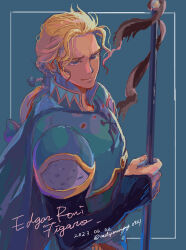 Rule 34 | 1boy, armor, blonde hair, blue background, blue cape, blue eyes, blue sleeves, cape, character name, closed mouth, dated, edgar roni figaro, final fantasy, final fantasy vi, furrowed brow, hair ribbon, holding, holding polearm, holding weapon, long hair, low ponytail, male focus, multi-tied hair, parted bangs, polearm, ribbon, shoulder armor, smile, solo, twitter username, uedymummy0921, upper body, wavy hair, weapon