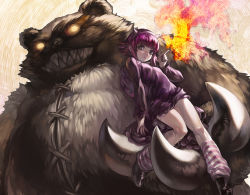 Rule 34 | 1girl, animal ears, annie (league of legends), aoin, backpack, bag, bear, claws, evil grin, evil smile, fire, green eyes, grin, hairband, league of legends, multiple tails, petite, pink hair, short hair, smile, socks, striped clothes, striped legwear, striped socks, tail, tibbers