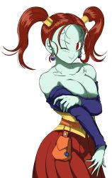 Rule 34 | 1girl, absurdres, breasts, colored skin, dragon quest, dragon quest viii, earrings, green skin, highres, jessica albert, jewelry, looking at viewer, nipples, one eye closed, red eyes, red hair, simple background, solo, twintails, white background, wink