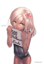 Rule 34 | 10s, 1girl, blonde hair, blue eyes, crop top, flower, german text, hair flower, hair ornament, hard-translated, hitohinoto, milestone celebration, kantai collection, one-piece tan, ro-500 (kancolle), sailor collar, school swimsuit, sign, simple background, solo, swimsuit, swimsuit under clothes, tan, tanline, thank you, third-party edit, translated