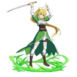 Rule 34 | 1girl, arms up, black footwear, blonde hair, boots, bracelet, braid, bustier, closed mouth, detached sleeves, floating hair, green eyes, green skirt, hair between eyes, hair ornament, head tilt, high ponytail, highres, holding, holding sword, holding weapon, jewelry, leafa, long hair, long sleeves, looking at viewer, official art, shorts, shorts under skirt, skirt, smile, solo, sword, sword art online, sword art online: code register, thighhighs, transparent background, twin braids, very long hair, weapon, white shorts, white sleeves, white thighhighs