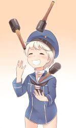 Rule 34 | 10s, 1girl, :3, :d, ^ ^, closed eyes, commentary request, dress, explosive, closed eyes, grenade, hand grenade, hat, ido (teketeke), juggling, kantai collection, open mouth, sailor dress, short hair, silver hair, smile, solo, stick grenade, stielhandgranate, z1 leberecht maass (kancolle)