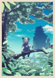 Rule 34 | 2boys, animal ears, blue sky, border, branch, brown border, cat boy, cat ears, cloud, cloudy sky, day, facing away, fengxi (the legend of luoxiaohei), from behind, ghost, highres, karukan (yude soramame), leaf, long hair, luo xiaohei, luo xiaohei (human), luo xiaohei zhanji, multiple boys, outdoors, plant, purple hair, short hair, short sleeves, sky, transparent, tree, white hair