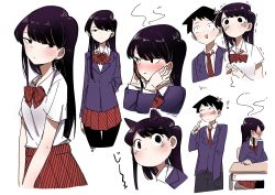 Rule 34 | 1boy, 1girl, absurdres, animal ears, bad id, bad twitter id, black hair, black pantyhose, blazer, blush, bow, cat ears, embarrassed, excited, flower, hair flower, hair ornament, hands on own cheeks, hands on own face, head steam, highres, jacket, juralumin, komi-san wa komyushou desu, komi shouko, long hair, looking at viewer, looking away, multiple views, no mouth, pantyhose, pleated skirt, scared, shirt, simple background, skirt, solo focus, striped bow, striped clothes, striped skirt, tadano hitohito, trembling, white background, white shirt