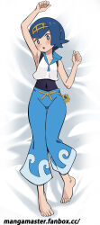 Rule 34 | 1girl, :o, arm up, armpits, barefoot, bed sheet, bell-bottoms, blue eyes, blue hair, blue pants, blue sailor collar, blush, bright pupils, commentary request, covered navel, creatures (company), dakimakura (medium), fanbox username, feet, freckles, from above, full body, game freak, hairband, highres, knees together feet apart, lana (pokemon), looking at viewer, lying, mangamaster, nintendo, no sclera, on back, one-piece swimsuit, open mouth, pants, pokemon, pokemon sm, sailor collar, shirt, short hair, sleeveless, sleeveless shirt, solo, swimsuit, swimsuit under clothes, toes, watermark, wave print, web address, white pupils, white shirt, yellow hairband