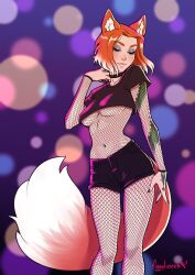 1girl absurdres animal_ears arm_tattoo artist_name black_shirt black_shorts bodysuit closed_eyes colorful_background commission crop_top feet_out_of_frame figgylicious fishnet_bodysuit fishnets fox_ears fox_girl fox_tail hand_up highres navel orange_hair original shirt short_hair short_sleeves shorts smile tail tattoo white_hair