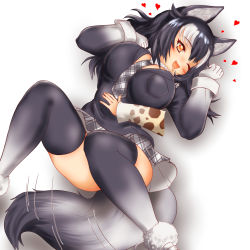 Rule 34 | 2girls, absurdres, animal ears, animal print, between breasts, black hair, blush, breasts, fur collar, giraffe print, gloves, grey wolf (kemono friends), hakumaiya, heart, heterochromia, highres, kemono friends, large breasts, multicolored hair, multiple girls, necktie, necktie between breasts, one eye closed, open mouth, plaid necktie, simple background, tail, tail wagging, tongue, tongue out, two-tone hair, two-tone legwear, white background, white gloves, white hair, wolf ears, wolf girl, wolf tail, yellow eyes