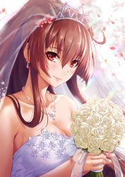 Rule 34 | 1girl, bare shoulders, blush, bouquet, breasts, bridal veil, bride, brown hair, cleavage, closed mouth, collarbone, dress, earrings, flower, hair between eyes, hair flower, hair ornament, highres, holding, holding bouquet, jewelry, kantai collection, large breasts, long hair, looking at viewer, necklace, pearl necklace, petals, ponytail, red eyes, rose, sakiyamama, sidelocks, smile, solo, tiara, veil, very long hair, wedding dress, white flower, white rose, yamato (kancolle)