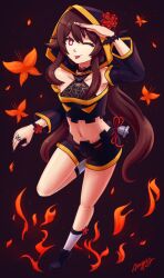 Rule 34 | 1girl, :p, alternate costume, azzypics, bell, black footwear, bracelet, brown hair, bug, butterfly, choker, detached hood, detached sleeves, embers, fire, fire, flower, flower-shaped pupils, genshin impact, highres, hood, hu tao (genshin impact), insect, jack-o&#039;-lantern cutout, jewelry, long hair, looking at viewer, low twintails, red eyes, ring, salute, shoes, short shorts, shorts, smile, socks, solo, strapless, symbol-shaped pupils, tongue, tongue out, tube top, twintails, very long hair, white socks