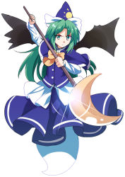 Rule 34 | 1girl, bat wings, bow, capelet, e.o., ghost tail, green eyes, green hair, hat, highres, long hair, long sleeves, looking at viewer, matching hair/eyes, mima (touhou), polearm, shirt, skirt, skirt set, solo, touhou, touhou (pc-98), very long hair, vest, weapon, wings