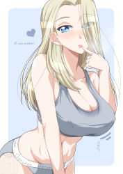 Rule 34 | 1girl, artist logo, blue background, blush, breasts, clara (girls und panzer), cleavage, commentary, cyrillic, eyes visible through hair, girls und panzer, grey panties, grey sports bra, groin, half-closed eyes, heart, highres, ichijou takakiyo, large breasts, leaning forward, looking at viewer, motion lines, navel, outside border, panties, parted lips, rounded corners, russian text, solo, sports bra, sports panties, translated, underwear, underwear only