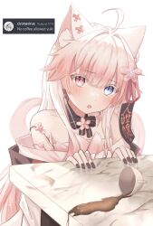 Rule 34 | ahoge, animal ears, bare shoulders, black ribbon, blue eyes, bow, bowtie, cherry blossoms, chest sarashi, coffee, coffee cup, cup, disposable cup, finger piercing, flower, hagoromo, hair between eyes, hair flower, hair ornament, hair ribbon, heterochromia, highres, indie virtual youtuber, japanese clothes, kimono, long hair, marble table, nail polish, open mouth, pink eyes, pink hair, pink ribbon, pout, red eyes, ribbon, sarashi, shawl, shinyo yukino, shinyo yukino (vtuber), sidelocks, simple background, table, tassel, tassel hair ornament, virtual youtuber, white background