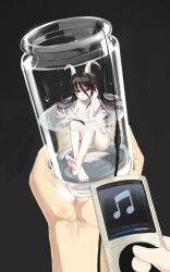 Rule 34 | 1girl, barefoot, bottle, brown hair, censored, convenient censoring, daft punk, digital media player, feet, headphones, highres, horns, in bottle, in container, ipod, long hair, mini person, minigirl, nude, original, product placement, red eyes, ryou@ryou, solo focus