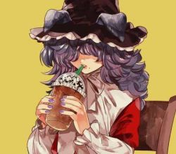 Rule 34 | 1girl, animal ears, blouse, chair, cup, curly hair, drink, drinking, drinking straw, drinking straw in mouth, eyebrows hidden by hair, hat, holding, holding cup, long hair, lowres, nail polish, original, purple eyes, ribbon, ryousuke (tukr5384), shirt, simple background, solo, upper body, yellow background