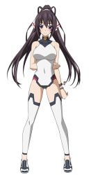 Rule 34 | 10s, 1girl, bikini, black hair, breasts, cleavage, front-tie bikini top, front-tie top, hair ribbon, hand on own hip, highres, infinite stratos, long hair, looking at viewer, navel, ponytail, purple eyes, ribbon, shinonono houki, smile, solo, swimsuit, transparent background