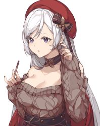 Rule 34 | 1girl, :o, azur lane, bad id, bad pixiv id, bare shoulders, belfast (azur lane), belfast (shopping with the head maid) (azur lane), bow, breasts, brown sweater, choker, cleavage, collarbone, earrings, food, hair ornament, hat, highres, jewelry, large breasts, long hair, nail polish, off shoulder, open mouth, pocky, purple eyes, red nails, saibe, silver hair, sweater