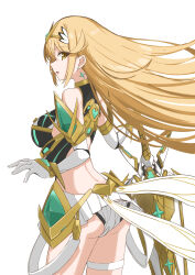 Rule 34 | 1girl, absurdres, aotsuba, bare shoulders, blonde hair, blush, cowboy shot, earrings, elbow gloves, gloves, highres, jewelry, long hair, microskirt, miniskirt, mythra (xenoblade), panties, profile, skirt, solo, sword, thigh strap, tiara, underwear, weapon, white background, white gloves, xenoblade chronicles (series), xenoblade chronicles 2, yellow eyes
