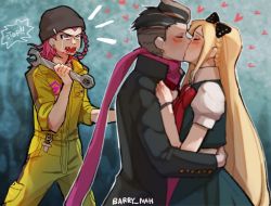 Rule 34 | 1girl, 2boys, barry nah, black coat, black hair, blonde hair, blurry, blurry foreground, blush, bow, bracelet, braid, coat, collared shirt, crying, danganronpa (series), danganronpa 2: goodbye despair, earrings, english text, french braid, grey hair, hair bow, heart, highres, holding, holding wrench, hug, jewelry, jumpsuit, kiss, long hair, medium hair, meme, multicolored hair, multiple boys, notice lines, open mouth, pink eyes, pink hair, pink scarf, puffy short sleeves, puffy sleeves, red bow, scarf, shirt, short hair, short sleeves, shouting, smile, sonia nevermind, soda kazuichi, tanaka gundham, tears, tools, very long hair, wrench, yellow jumpsuit