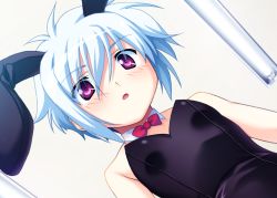 Rule 34 | 1girl, :o, androgynous, animal ears, antenna hair, bare shoulders, blue hair, blush, bow, bowtie, ceiling, character request, close-up, detached collar, dutch angle, fake animal ears, flat chest, from below, game cg, hair between eyes, indoors, jinno nagi, kuuchuu yousai, leotard, lights, looking at viewer, makai tenshi djibril, makai tenshi djibril 3, playboy bunny, purple eyes, rabbit ears, red eyes, short hair, solo, surprised, upper body, white hair
