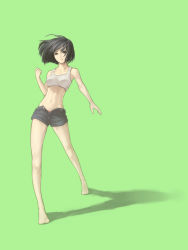 Rule 34 | 1girl, bad id, bad pixiv id, bare shoulders, barefoot, black eyes, black hair, clenched hand, expressionless, full body, green background, highres, koharu nosuke, navel, open fly, original, shadow, short hair, shorts, simple background, solo, sports bra, standing, unzipped