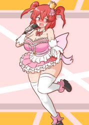 Rule 34 | 1girl, alternate costume, black footwear, blush, bow, bowtie, breasts, coin, commentary request, commission, crown, dress, frilled dress, frills, gloves, hair bobbles, hair ornament, holding, holding microphone, idol, large breasts, leg up, looking at viewer, microphone, mizusoba, multicolored background, obi, onozuka komachi, open mouth, pink dress, red bow, red bowtie, red eyes, red hair, sash, skeb commission, solo, thighhighs, touhou, two side up, white gloves, white thighhighs