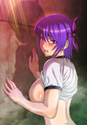 Rule 34 | 1girl, against wall, ayane (doa), blush, breast press, breasts, clothes lift, dead or alive, gym uniform, hair ribbon, large breasts, purple eyes, purple hair, ribbon, shirt lift, short hair, sideboob, solo, tecmo