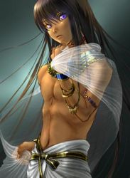 Rule 34 | 1boy, ancient egypt, artist request, black hair, blue eyes, cowboy shot, dark skin, egyptian, gradient background, lowres, male focus, original, solo, standing, topless male
