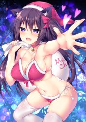 Rule 34 | 1girl, animal ear fluff, animal ears, bell, neck bell, bikini, blush, breasts, brown hair, cat ears, cat tail, christmas, cleavage, collar, commentary request, fang, fur trim, hat, heart, large breasts, looking at viewer, merry christmas, navel, original, purple eyes, red bikini, red ribbon, ribbon, sack, santa hat, side-tie bikini bottom, snowflakes, solo, sorai shin&#039;ya, swimsuit, tail, thighhighs, waving