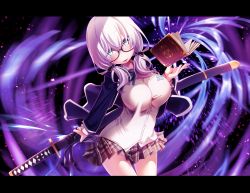 Rule 34 | 1girl, absurdres, blue eyes, blush, book, breasts, female focus, glasses, highres, huge filesize, katana, large breasts, looking at viewer, low twintails, magic, original, plaid, plaid skirt, pleated skirt, sakuya tsuitachi, skirt, smile, solo, sword, thighs, twintails, weapon, white hair