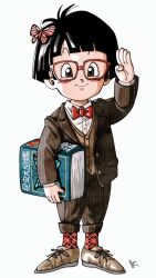Rule 34 | black hair, blush, book, bow, bowtie, brown jacket, brown pants, brown vest, butterfly hair ornament, character request, child, copyright request, dragon ball, dragon ball super, formal, full body, glasses, hair ornament, highres, holding, holding book, jacket, kakeru (dbskakeru), looking at viewer, pan (dragon ball), pants, red bow, red bowtie, shoes, short hair, simple background, socks, solo, suit, toriyama akira (style), vest, white background