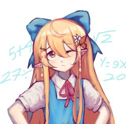 Rule 34 | 1girl, blonde hair, blue bow, blue dress, bow, brown eyes, cirno, cirno (cosplay), clenched hands, confused, cosplay, dress, fairy, fairy wings, flat chest, hair bow, hands on own hips, jess (p2eocene), long hair, looking up, math, nijisanji, nijisanji en, one eye closed, pointy ears, pomu rainpuff, smile, solo, touhou, very long hair, virtual youtuber, wings