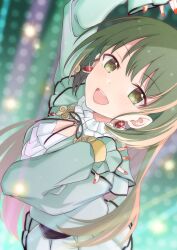 Rule 34 | 1girl, absurdres, blurry, blurry background, blush, dot nose, dress, earrings, frilled dress, frills, from side, gem, green dress, green eyes, green hair, highres, idolmaster, idolmaster shiny colors, jewelry, long sleeves, looking at viewer, nanakusa nichika, open mouth, red nails, shiro (branch0126), smile, solo, stage, stage lights, teeth