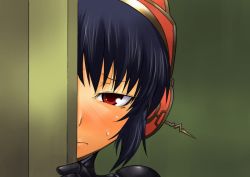 Rule 34 | android, atlus, black hair, blush, metis (persona), peeking out, persona, persona 3, red eyes, segami daisuke, solo