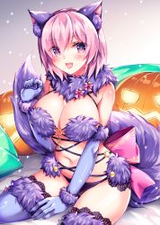 Rule 34 | 1girl, :d, animal ears, bare shoulders, bed sheet, between legs, blue gloves, blue thighhighs, blush, bow, breasts, cleavage, commentary request, elbow gloves, fake animal ears, fake tail, fang, fate/grand order, fate (series), fukase ayaka, fur-trimmed gloves, fur-trimmed legwear, fur collar, fur trim, gloves, hand between legs, jack-o&#039;-lantern, large breasts, looking at viewer, mash kyrielight, mash kyrielight (dangerous beast), navel, official alternate costume, open mouth, pillow, pink bow, pink hair, pumpkin, revision, short hair, sitting, smile, solo, tail, thighhighs, wolf ears, wolf tail