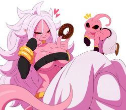 Rule 34 | 1boy, 1girl, android 21, breasts, curvy, doughnut, dragon ball, dragon ball fighterz, eric lowery, food, highres, holding, holding food, large breasts, long hair, looking at viewer, majin android 21, majin buu, nail polish, naughty face, sexually suggestive, shiny skin, sitting, smile, tail