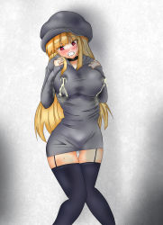Rule 34 | 1girl, black choker, black thighhighs, blonde hair, blunt bangs, blush, breasts, cabbie hat, choker, clenched hands, clenched teeth, covered erect nipples, dress, embarrassed, female focus, garter straps, gluteal fold, grey background, grey dress, grey hat, hands up, hat, highres, jpeg artifacts, knees together feet apart, lactation, large breasts, long hair, long sleeves, looking to the side, nose blush, original, parted lips, pussy juice, red eyes, skindentation, solo, standing, teeth, thigh gap, thighhighs, umagoya mochi, wet, wet clothes
