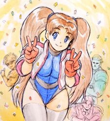 Rule 34 | 1girl, 3boys, athletic leotard, blue eyes, blue leotard, bongo tembo, breasts, brown hair, confetti, double v, gloves, groin, harry boffin, heika (heikahp), jacket, leaning forward, leotard, long hair, looking at viewer, multiple boys, nakamura masaemon, numan athletics, red gloves, sharon les halles, smile, thighhighs, thighs, traditional media, twintails, v, white jacket, white thighhighs
