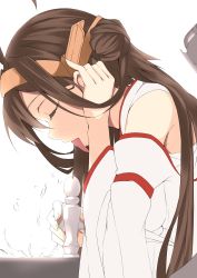 Rule 34 | 10s, 1girl, absurdres, ahoge, bare shoulders, brown hair, chess, detached sleeves, double bun, closed eyes, tucking hair, hairband, hazuki gyokuto, headgear, highres, japanese clothes, kantai collection, kongou (kancolle), long hair, nontraditional miko, profile, ribbon-trimmed sleeves, ribbon trim, sexually suggestive, solo, tongue, tongue out, upper body, wide sleeves